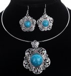 PARURE Collier, Boucles d'oreilles Vintage FLEUR Turquoise ARGENT Tibétain - BLEU (mini sac cadeau offert)