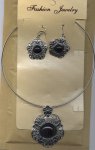 PARURE Collier, Boucles d'oreilles Vintage FLEUR Turquoise ARGENT Tibétain - NOIR (mini sac cadeau offert)