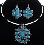 PARURE Collier, Boucles d'oreilles Vintage FLOWER Turquoise ARGENT Tibétain - BLEU (mini sac cadeau offert)